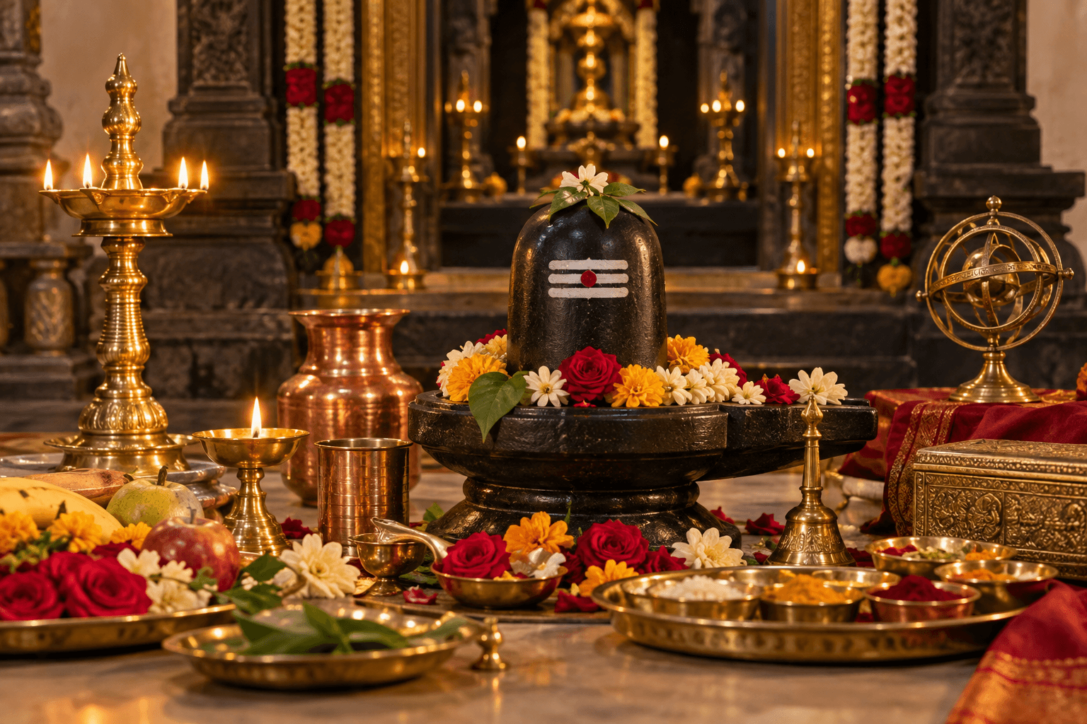 शिवलिंग, दीपक और पूजा सामग्री के साथ दोष निवारण पूजा का दृश्य
