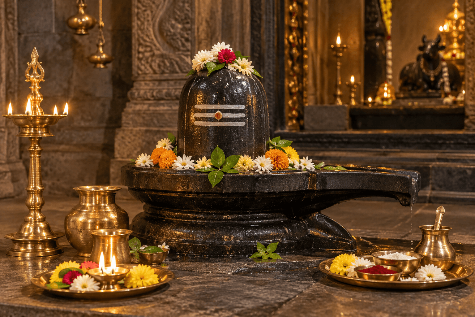 फूल, जलपात्र और दीपक से सुसज्जित शिव पूजा का शांत दृश्य